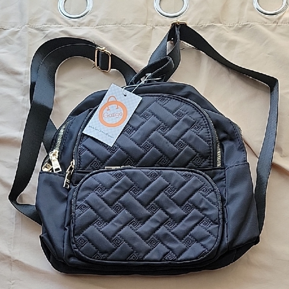 Black Quilted Backpack with Gold Zippers